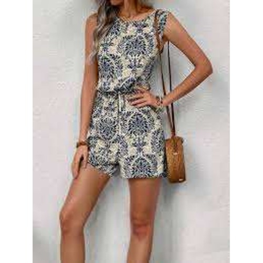 SHEIN Navy Blue Cream Damask Print Sleeveless Romper Elastic Waist Large‎